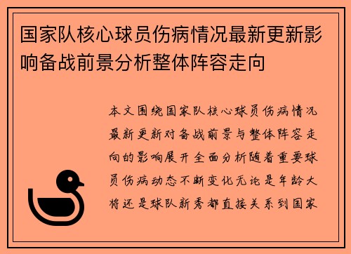 国家队核心球员伤病情况最新更新影响备战前景分析整体阵容走向 国家队核心球员伤病情况最新更新影响备战前景分析整体阵容走向